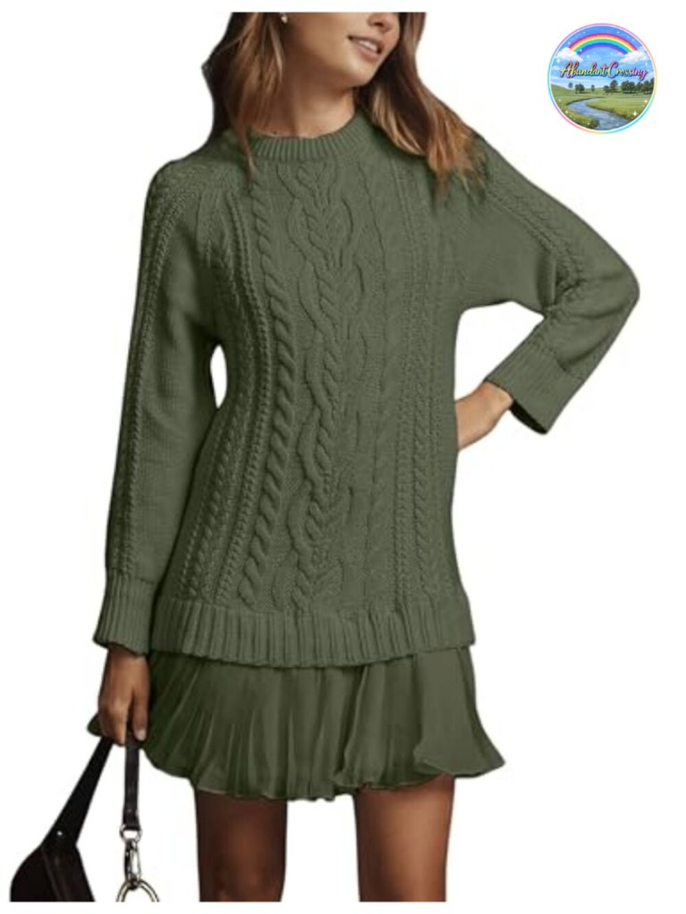 Women's Twofer Cable Knit Sweater Dress Pleated Mini A-Line Long Sleeve Cotton